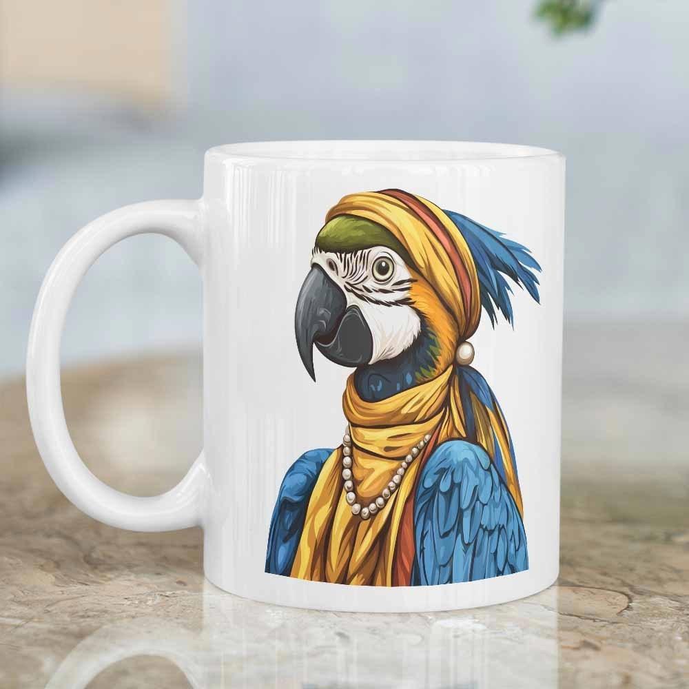 Tailorly White Ceramic 11 oz Mug - Vibrant Exotic Macaw Dressed In Golden Turban Wearing Elegant Pearl Earring Parrot