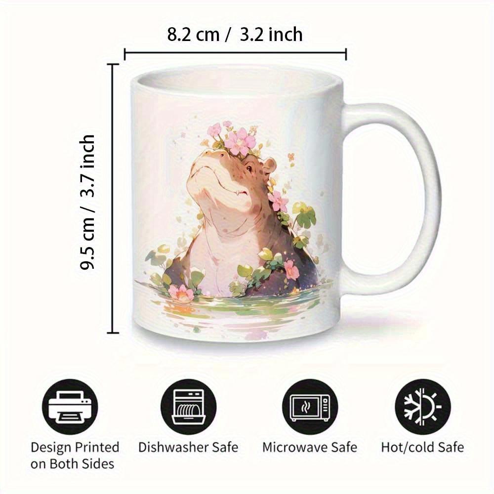 Tailorly White Ceramic 11 oz Mug - Sweet Watercolor Illustration Adorned With Pink Spring Floral Wreath Floating In Water Hippo