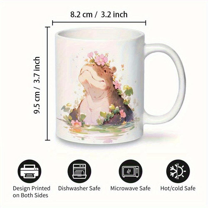 Tailorly White Ceramic 11 oz Mug - Sweet Watercolor Illustration Adorned With Pink Spring Floral Wreath Floating In Water Hippo