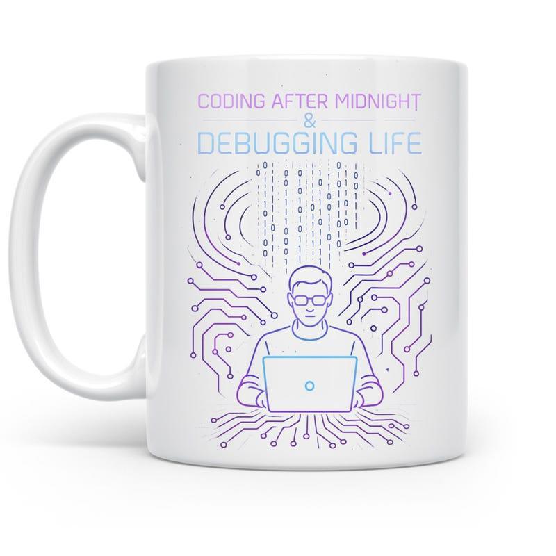 Tailorly White Ceramic 11 oz Mug - Coding After Midnight Debugging Life Working At Laptop Surrounded By Digital Circuit Patterns Programmer