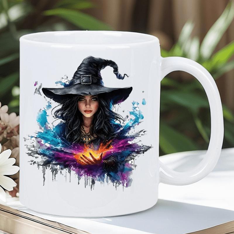 Tailorly White Ceramic 11 oz Mug - Mystical Dark Haired Sorceress Casting Colorful Magical Spells Wearing Pointed Hat Witch