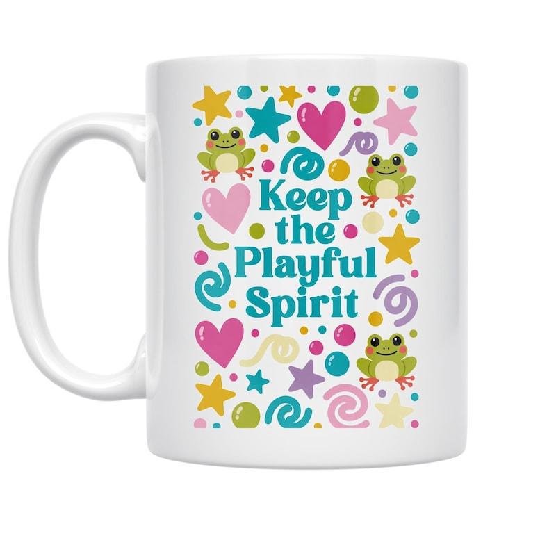 Tailorly White Ceramic 11 oz Mug - Keep The Playful Spirit Colorful Pattern Featuring Cute Cartoon Frogs Hearts And Golden Stars Frog