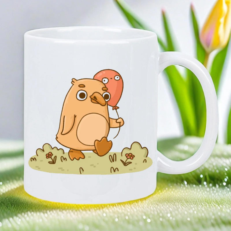 Tailorly White Ceramic 11 oz Mug - Simple Hand Drawn Cartoon Animal Holding Balloon On Green Grass Bird