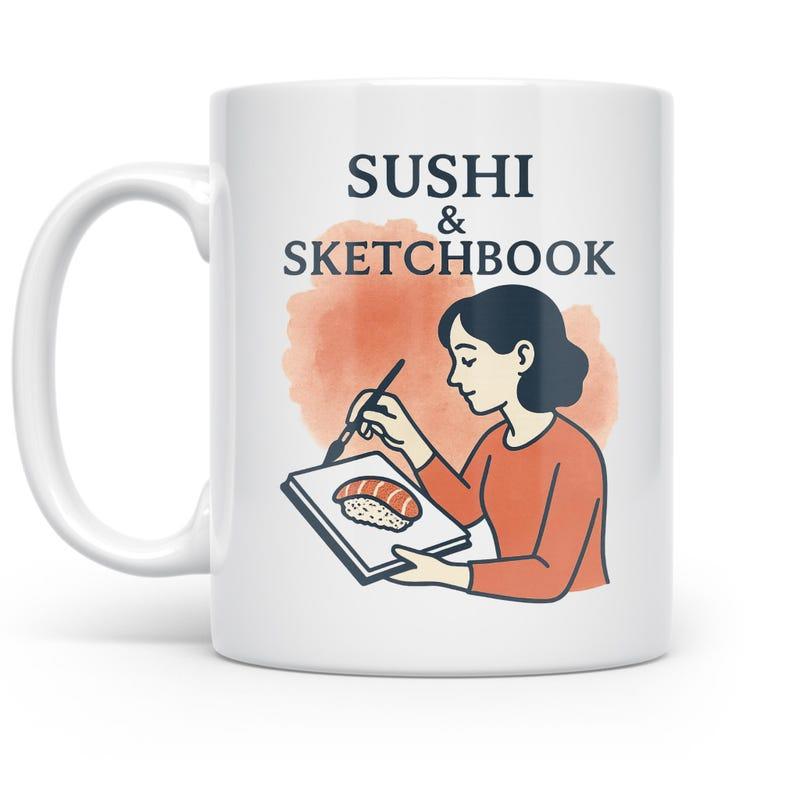 Tailorly White Ceramic 11 oz Mug - Sushi Sketchbook Creative Artist Drawing Fresh Nigiri Sushi Upon A Blank White Paper Woman