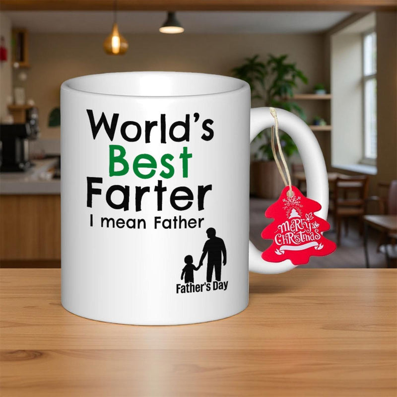 Tailorly White Ceramic 11 oz Mug - World's Best Farter I Mean Father Father's Day Silhouette Of A Father Holding Hand Of A Small Child Mug