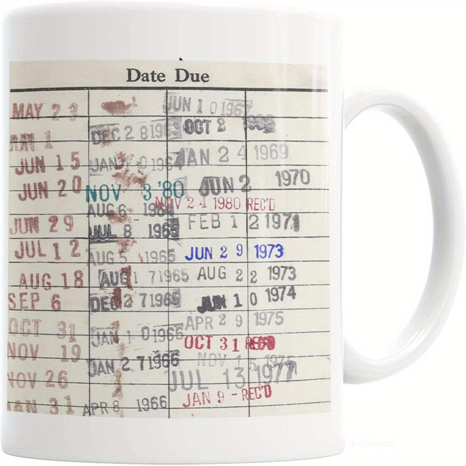 Tailorly White Ceramic 11 oz Mug - Date Due Vintage Library Checkout Card With Multiple Colorful Date Stamps Card