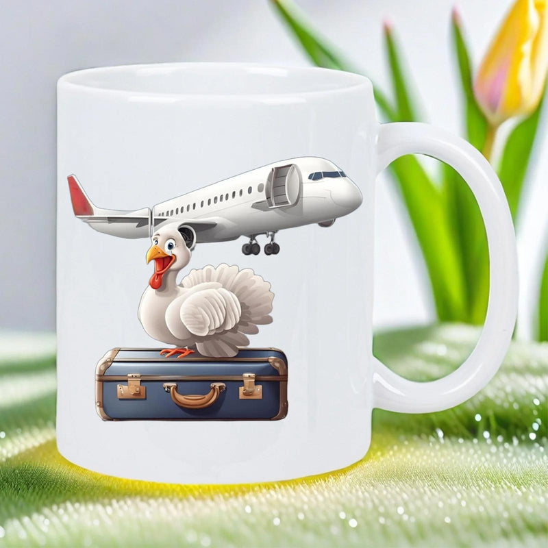 Tailorly White Ceramic 11 oz Mug - Cartoon Bird Standing On A Vintage Blue Suitcase Below A Soaring White Airplane Turkey