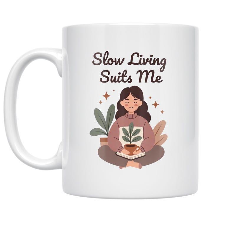 Tailorly White Ceramic 11 oz Mug - Slow Living Suits Me Peaceful Girl Meditating Among Lush Green Leaves Holding Potted Woman