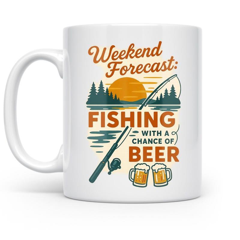 Tailorly White Ceramic 11 oz Mug - Weekend Forecast Fishing With A Chance Of Beer Serene Outdoor Sunset Among Pine Trees With Rod Landscape