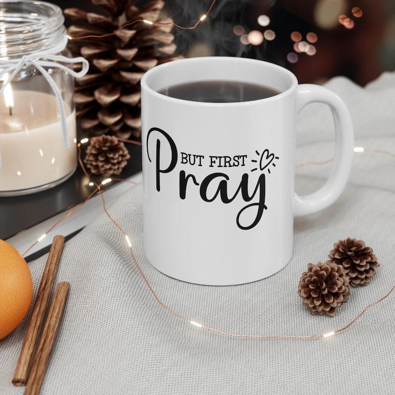 Tailorly White Ceramic 11 oz Mug - But First Pray Minimalist White Ceramic Vessel With Hand Drawn Script Heart Mug