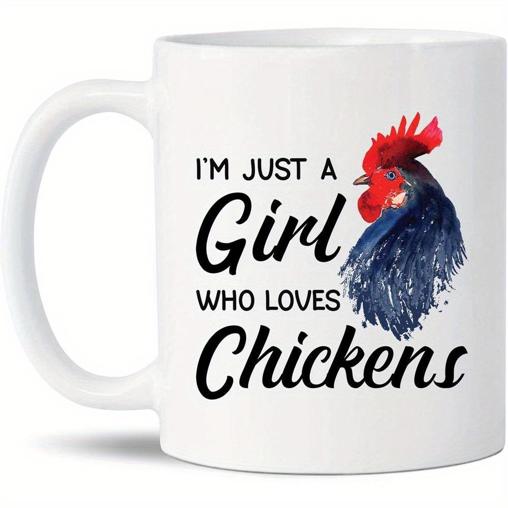 Tailorly White Ceramic 11 oz Mug - Im Just A Girl Who Loves Chickens Watercolor Style Artistic Bird Profile With Vivid Red Comb And Feathers Rooster