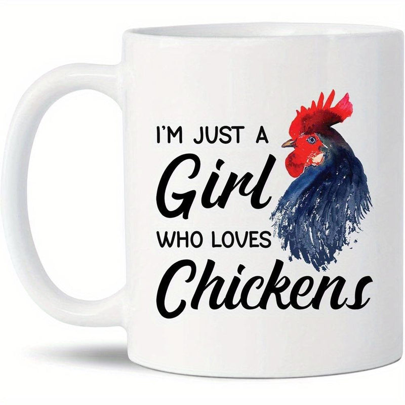 Tailorly White Ceramic 11 oz Mug - Im Just A Girl Who Loves Chickens Watercolor Style Artistic Bird Profile With Vivid Red Comb And Feathers Rooster