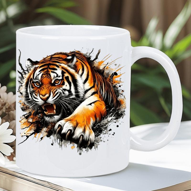 Tailorly White Ceramic 11 oz Mug - Fierce Majestic Predator Bursting Through A Shattered Surface With Sharp Claws Tiger