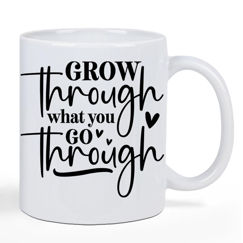 Tailorly White Ceramic 11 oz Mug - Grow Through What You Go Through Elegant Black Script Lettering Decorated With Small Minimalist Hearts Mug