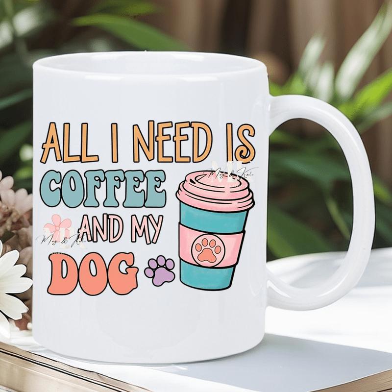 Tailorly White Ceramic 11 oz Mug - All I Need Is Coffee And My Dog Stylish Retro Takeout Beverage Container With Paw Print Details And Hearts Coffee Cup