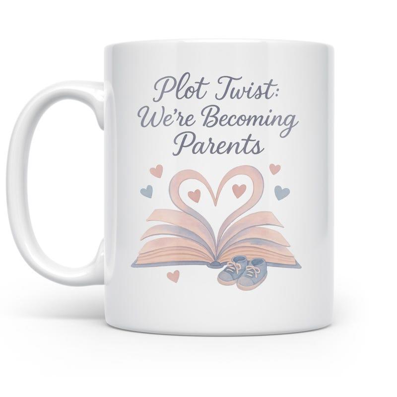 Tailorly White Ceramic 11 oz Mug - Plot Twist We're Becoming Parents Open Pages Folded Into Heart Shape With Delicate Baby Shoes And Floating Hearts Book