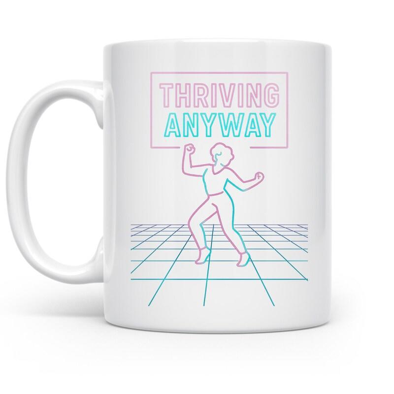 Tailorly White Ceramic 11 oz Mug - Thriving Anyway Retro Neon Line Art Dancing Figure Standing Upon A Grid Floor Mug