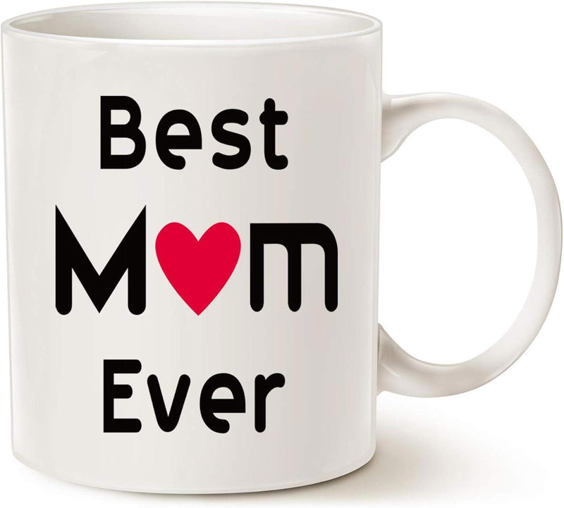 Tailorly White Ceramic 11 oz Mug - Best Mom Ever Simple Bold Black Lettering Featuring A Small Vibrant Red Heart