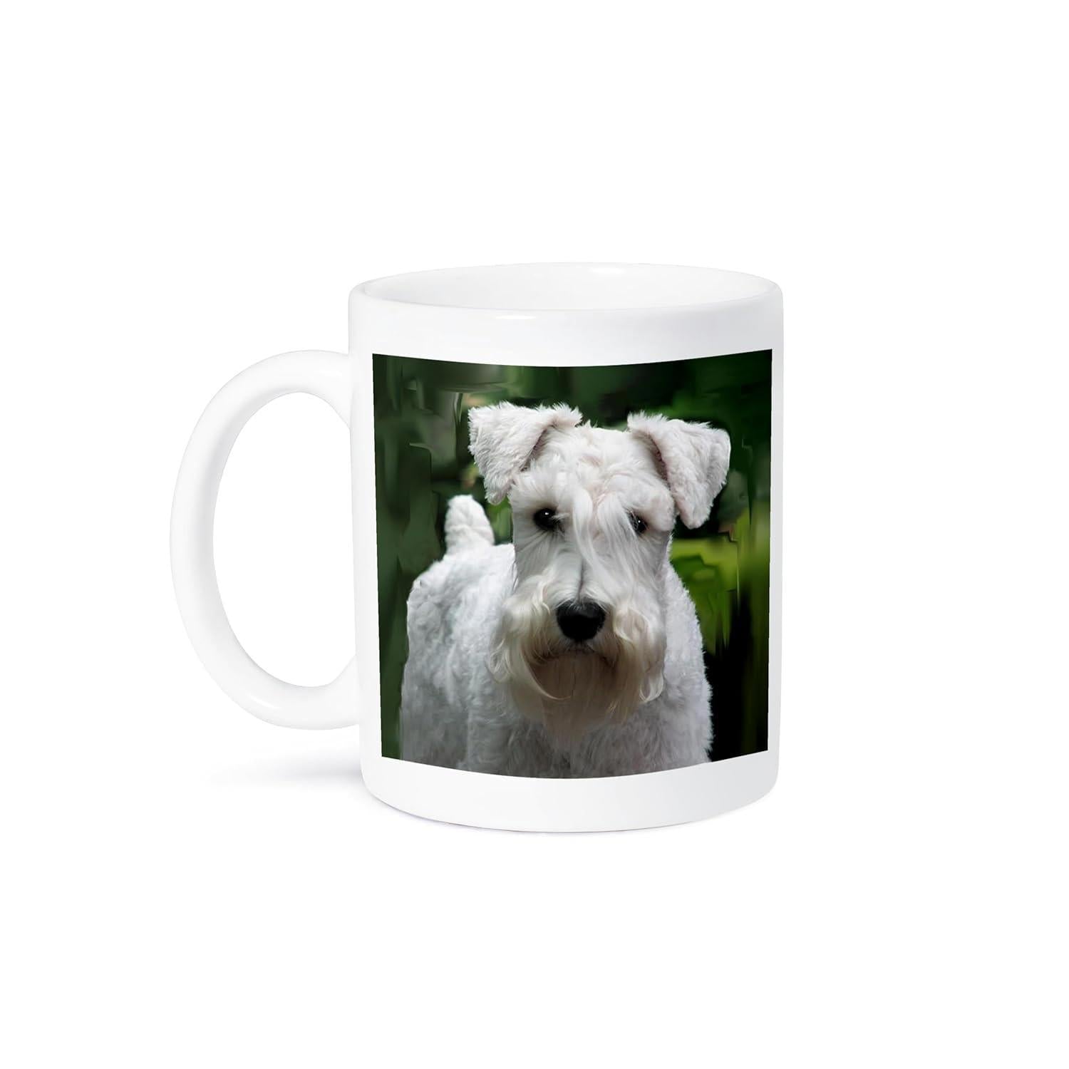 Tailorly White Ceramic 11 oz Mug - Adorable White Miniature Schnauzer Sitting Patiently Within A Lush Green Forest Background Dog