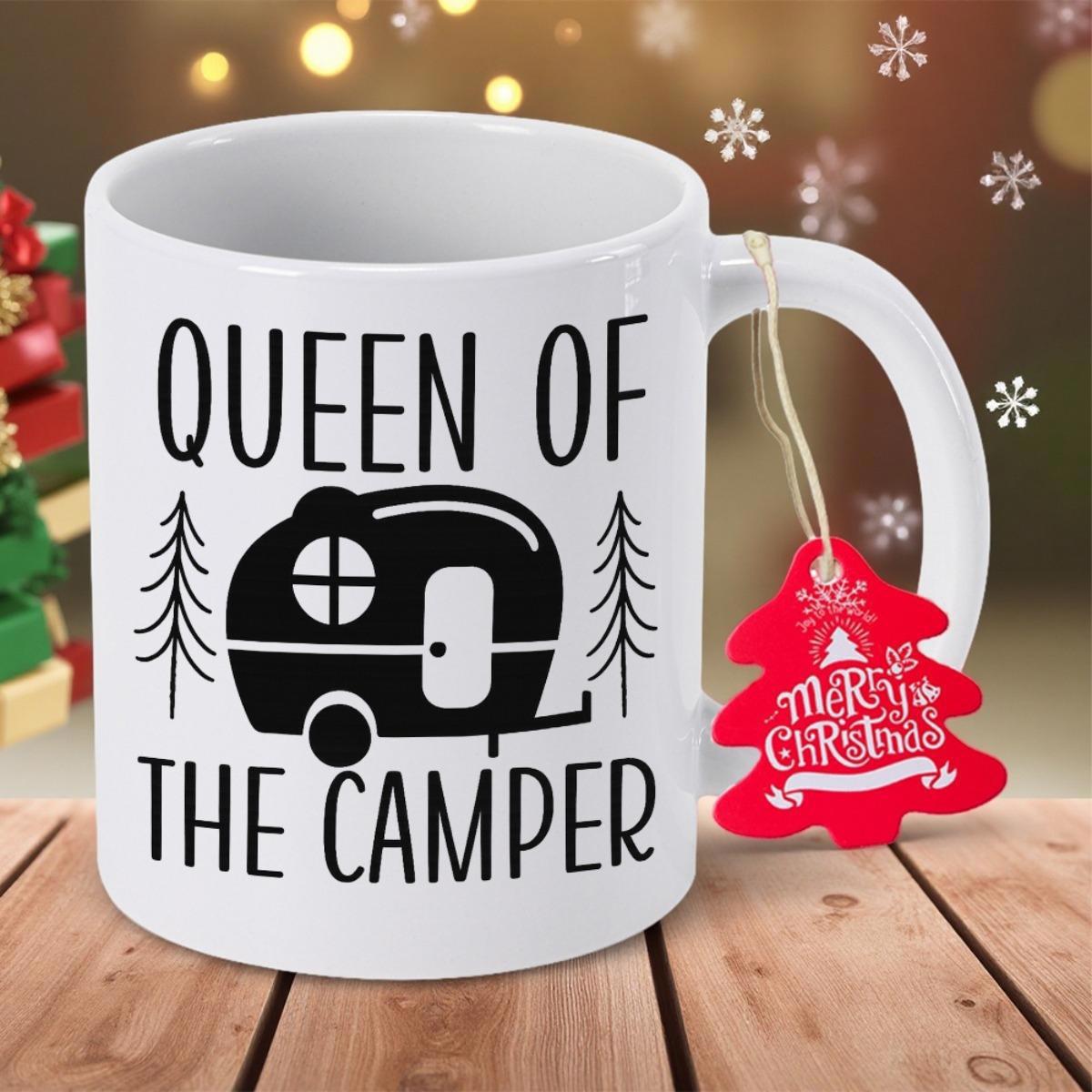 Tailorly White Ceramic 11 oz Mug - Queen Of The Camper Minimalist Black Teardrop Trailer Design Flanked By Simple Evergreen Trees Camper