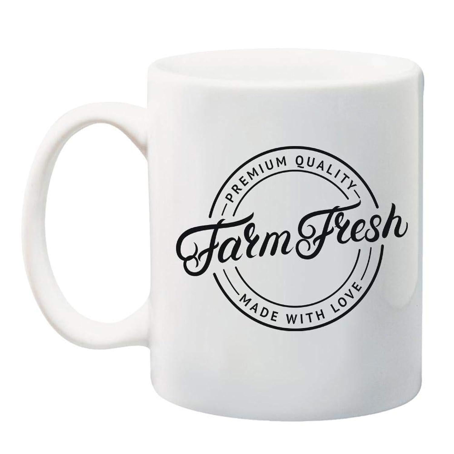 Tailorly White Ceramic 11 oz Mug - Farm Fresh Premium Quality Made With Love Elegant Script Typography Within A Circular Vintage Style Seal