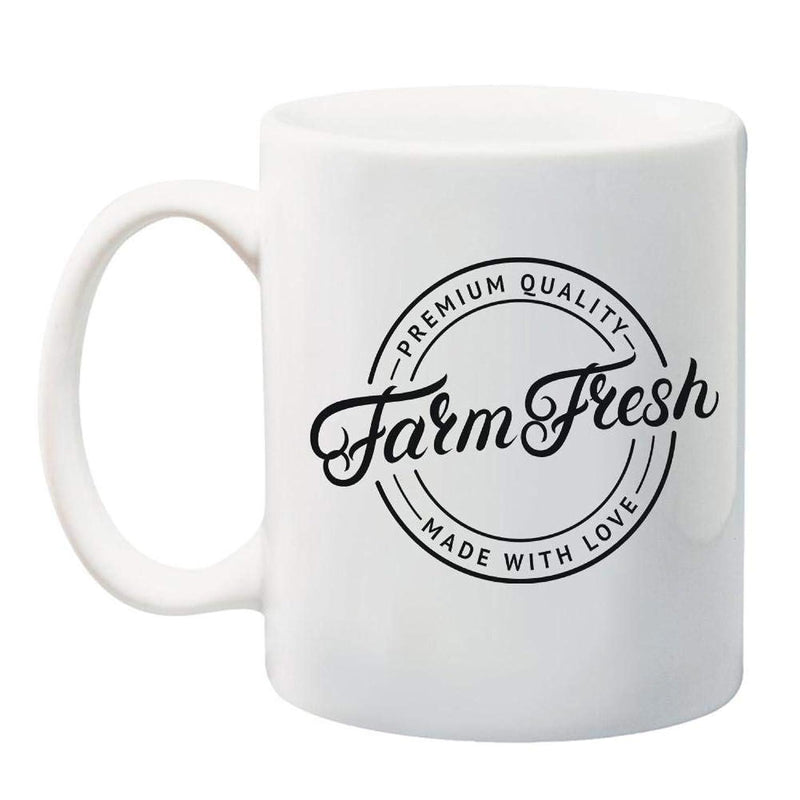 Tailorly White Ceramic 11 oz Mug - Farm Fresh Premium Quality Made With Love Elegant Script Typography Within A Circular Vintage Style Seal