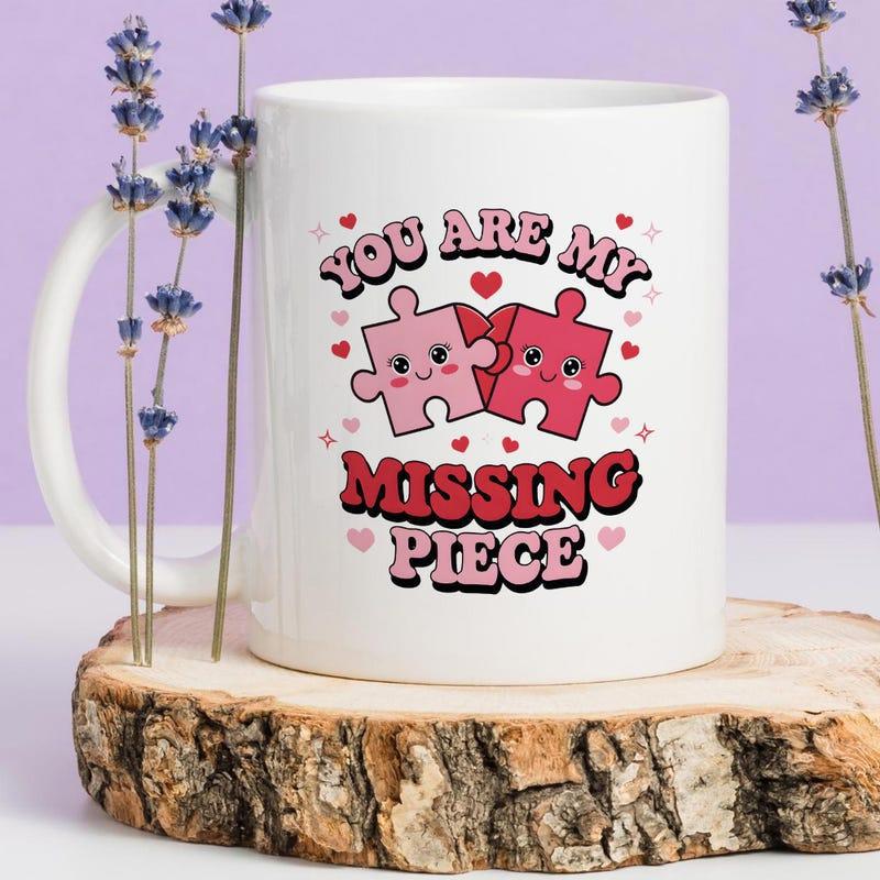 Tailorly White Ceramic 11 oz Mug - You Are My Missing Piece Cute Cartoon Puzzle Pieces Holding Heart Surrounded By Floating Small Hearts Puzzle Piece