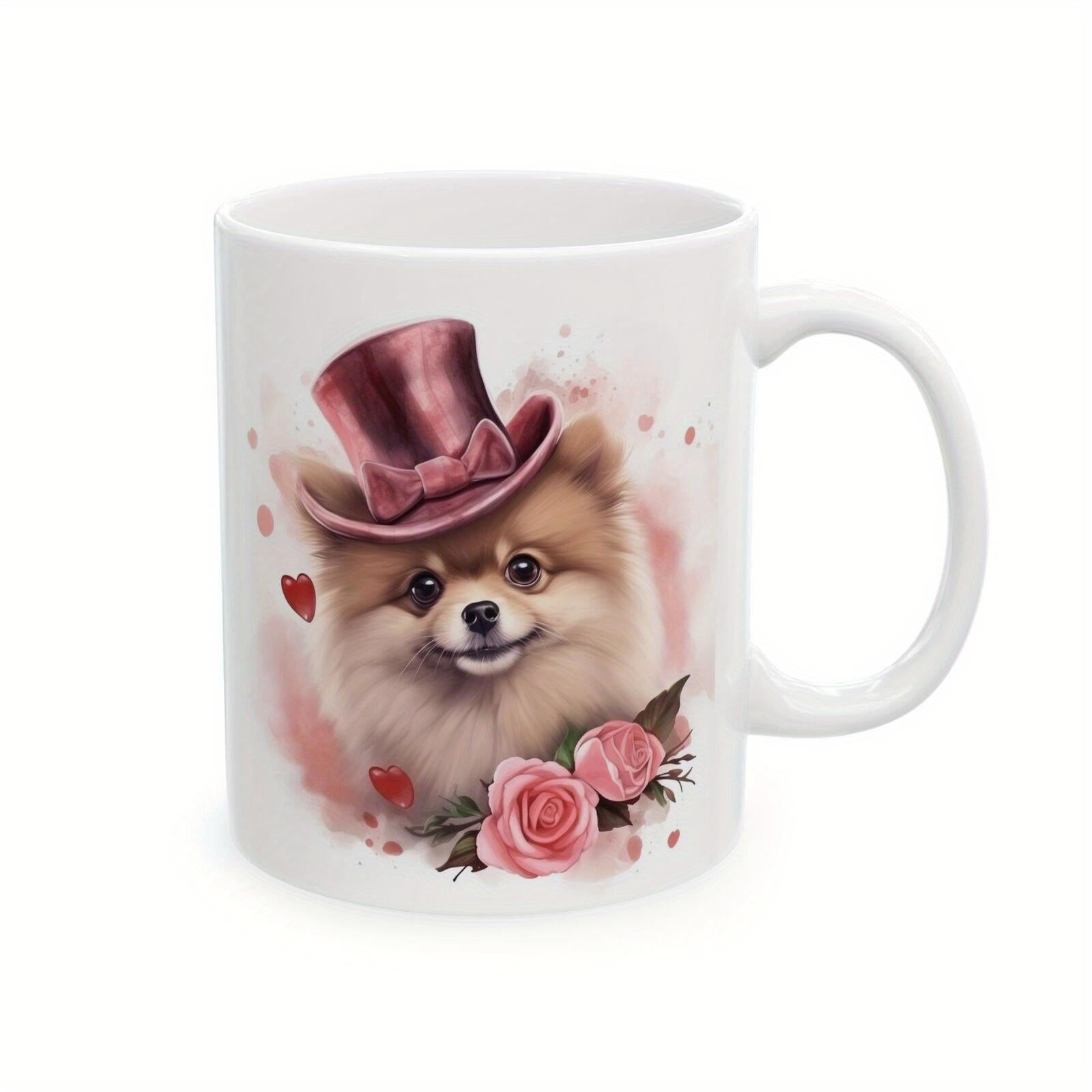Tailorly White Ceramic 11 oz Mug - Adorable Fluffy Pomeranian Wearing Elegant Pink Top Hat Among Roses Dog