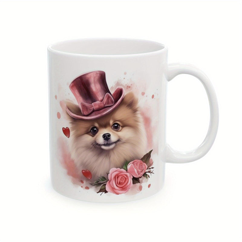 Tailorly White Ceramic 11 oz Mug - Adorable Fluffy Pomeranian Wearing Elegant Pink Top Hat Among Roses Dog