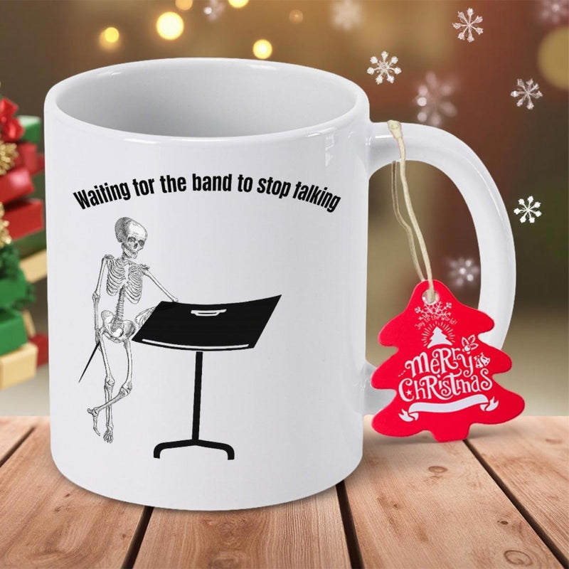 Tailorly White Ceramic 11 oz Mug - Waiting For The Band To Stop Talking Patient Human Skeleton Standing Next To A Classic Black Conductor Music Stand Skeleton
