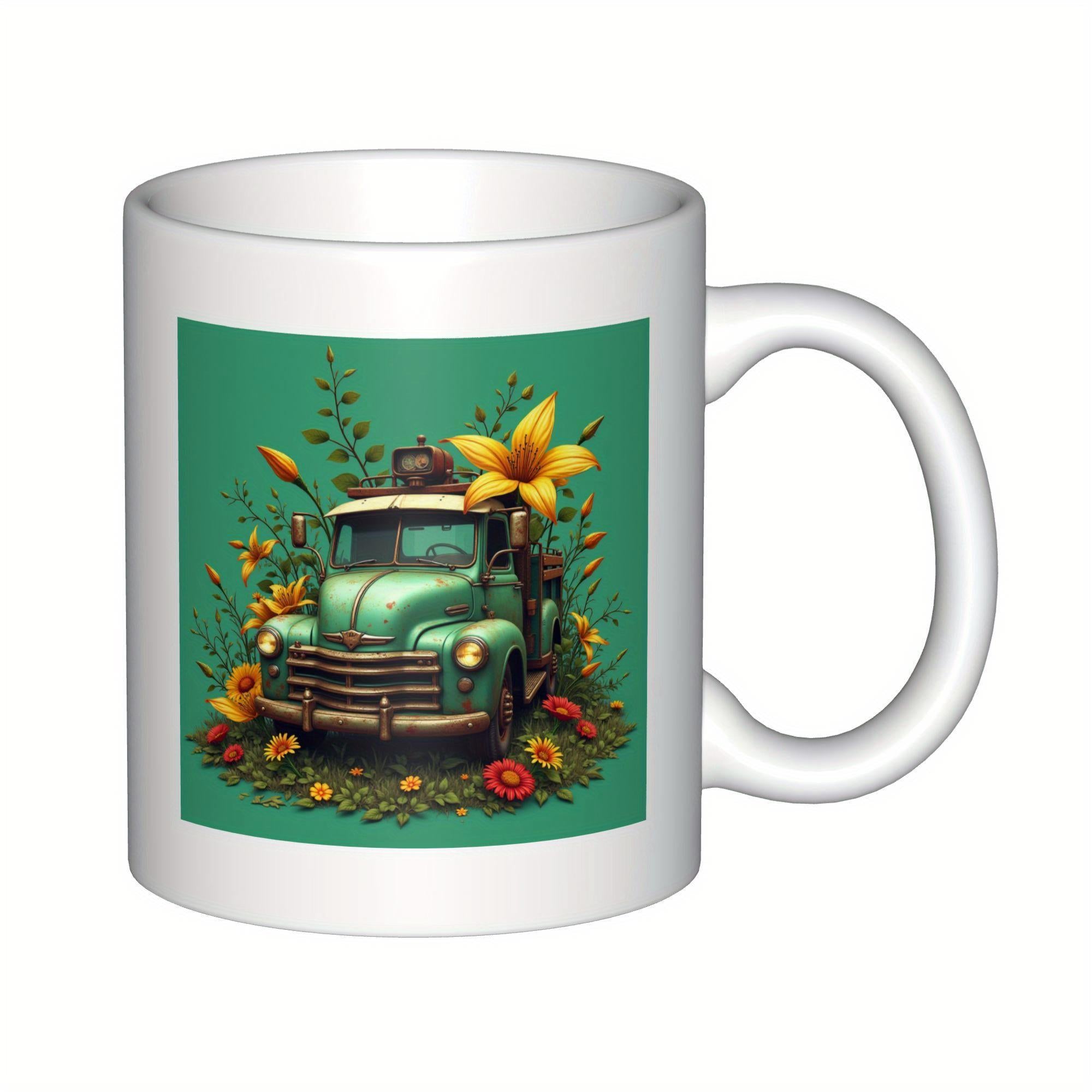 Tailorly White Ceramic 11 oz Mug - Rustic Vintage Pickup Truck Surrounded By Blooming Lilies And Flowers Truck
