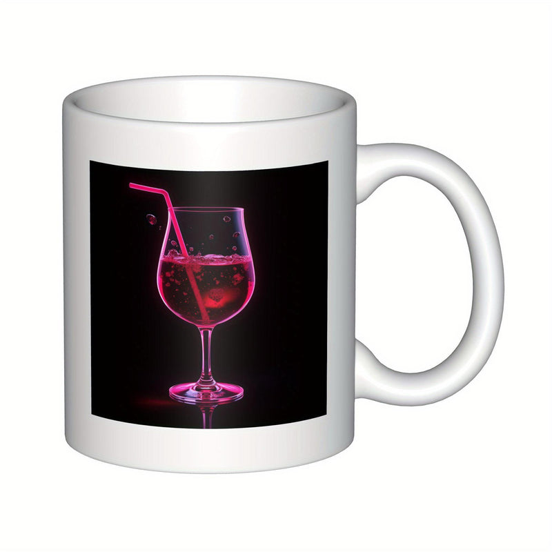 Tailorly White Ceramic 11 oz Mug - Elegant Glowing Neon Pink Refreshing Drink With A Straw Against Dark Backdrop Glass