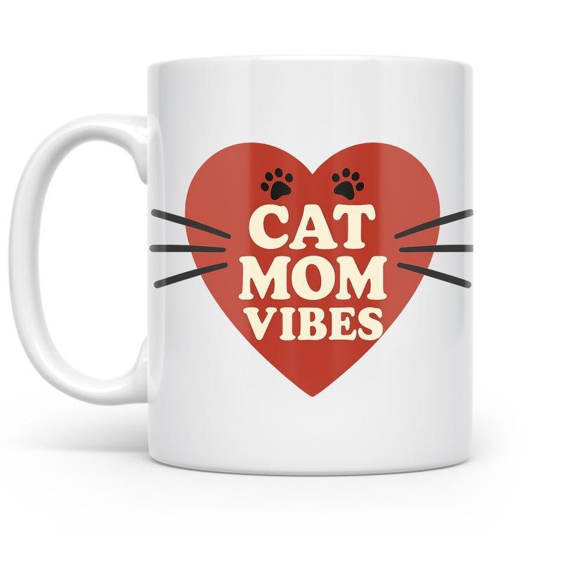 Tailorly White Ceramic 11 oz Mug - Cat Mom Vibes Vibrant Red Glossy Surface Featuring Whiskers And Tiny Paw Prints Heart
