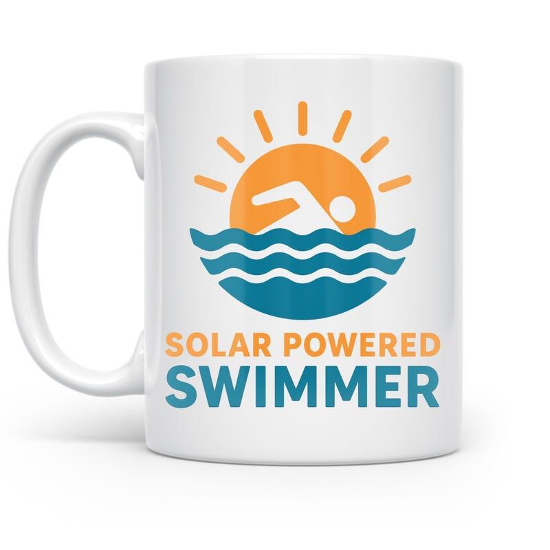 Tailorly White Ceramic 11 oz Mug - Solar Powered Swimmer Bright Sun Rays Over Calm Blue Ocean Waves With Athletic Swimmer
