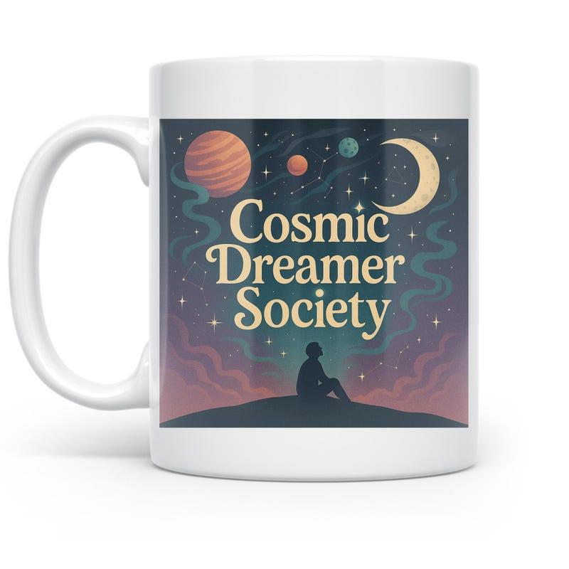 Tailorly White Ceramic 11 oz Mug - Cosmic Dreamer Society Silhouette Sitting On Hill Gazing At Planets Under Crescent Moon Night Sky