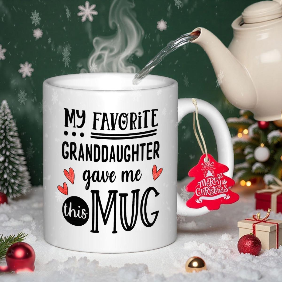 Tailorly White Ceramic 11 oz Mug - My Favorite Granddaughter Gave Me This Mug Minimalist White Ceramic Vessel With Festive Red Hearts And Typography Mug