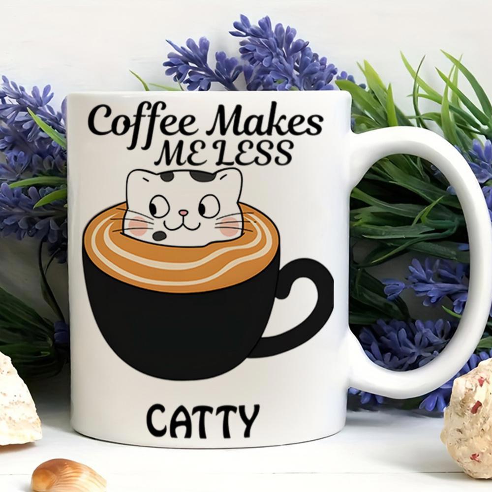 Tailorly White Ceramic 11 oz Mug - Coffee Makes Me Less Catty Cute White Speckled Kitten Peeking From A Swirling Coffee Cup Kitten