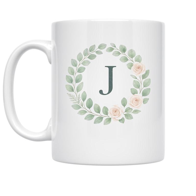 Tailorly White Ceramic 11 oz Mug - J Elegant Green Leaves With Delicate Pink Roses In A Circular Wreath
