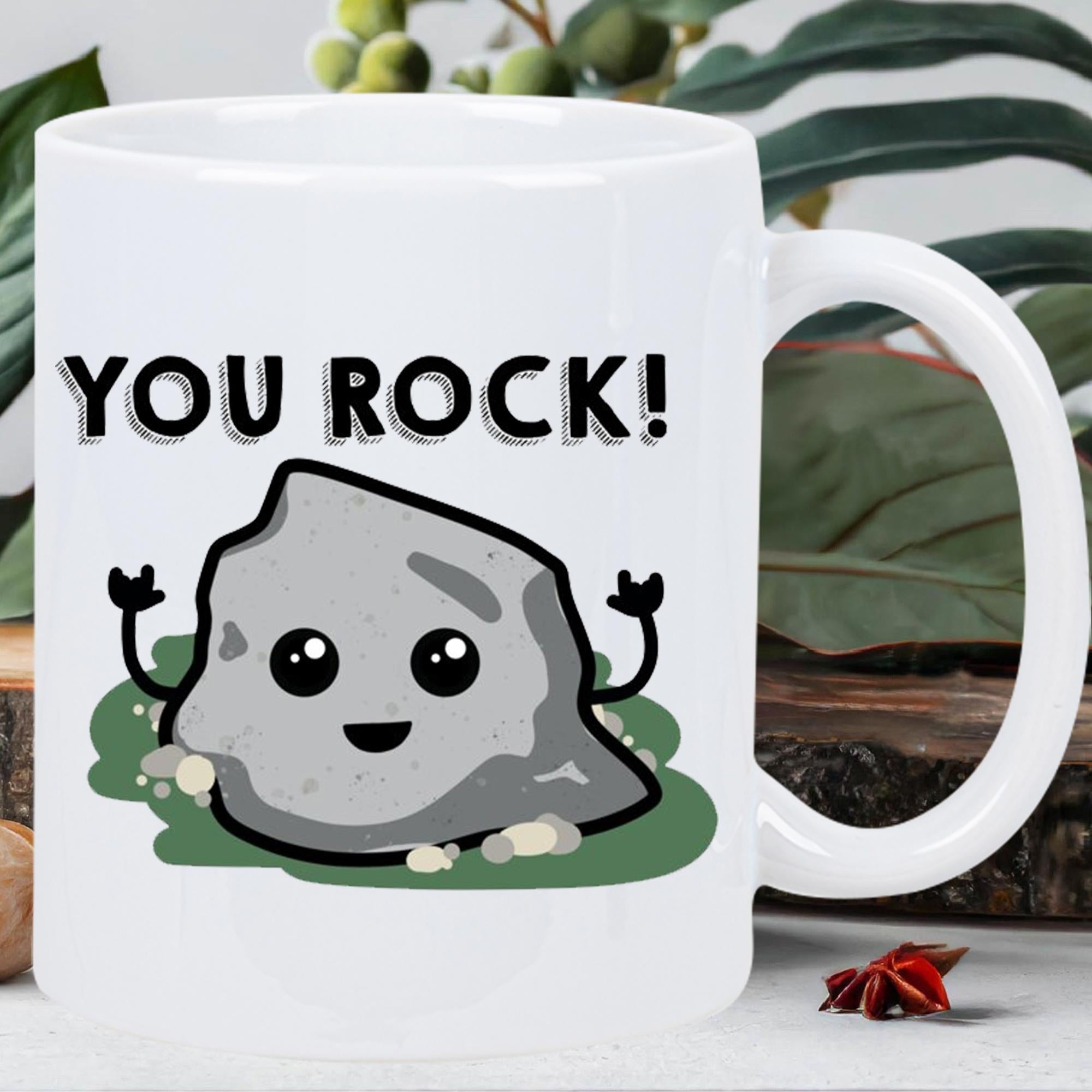 Tailorly White Ceramic 11 oz Mug - You Rock Cute Smiling Gray Stone Sitting On Green Grass Rock