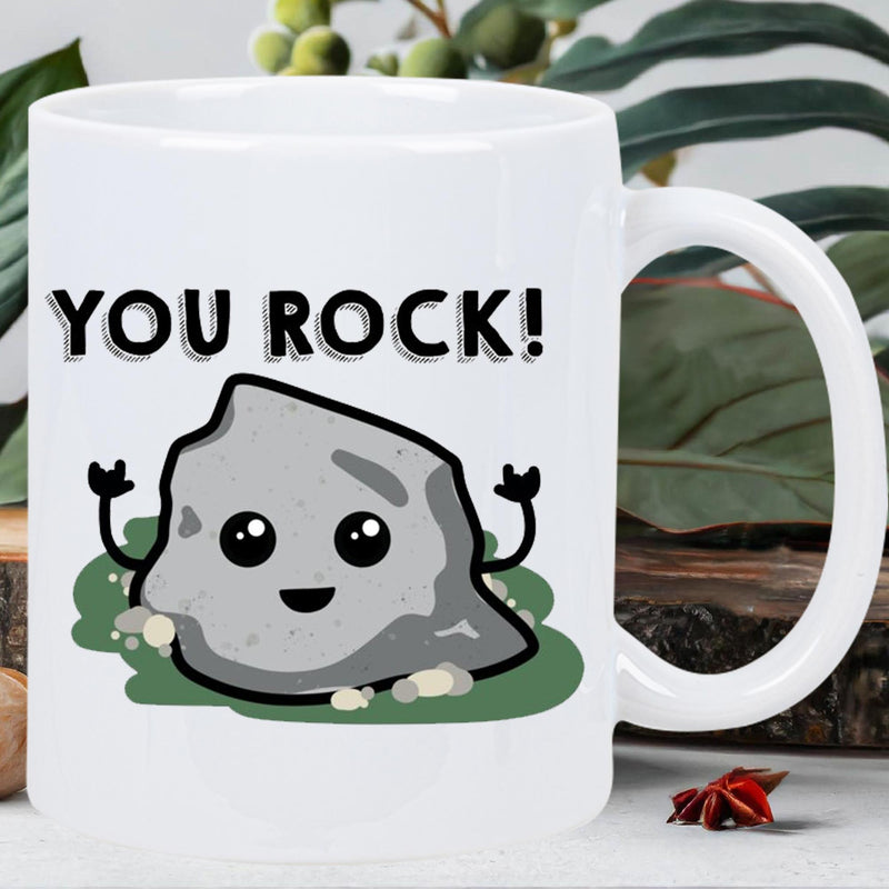 Tailorly White Ceramic 11 oz Mug - You Rock Cute Smiling Gray Stone Sitting On Green Grass Rock