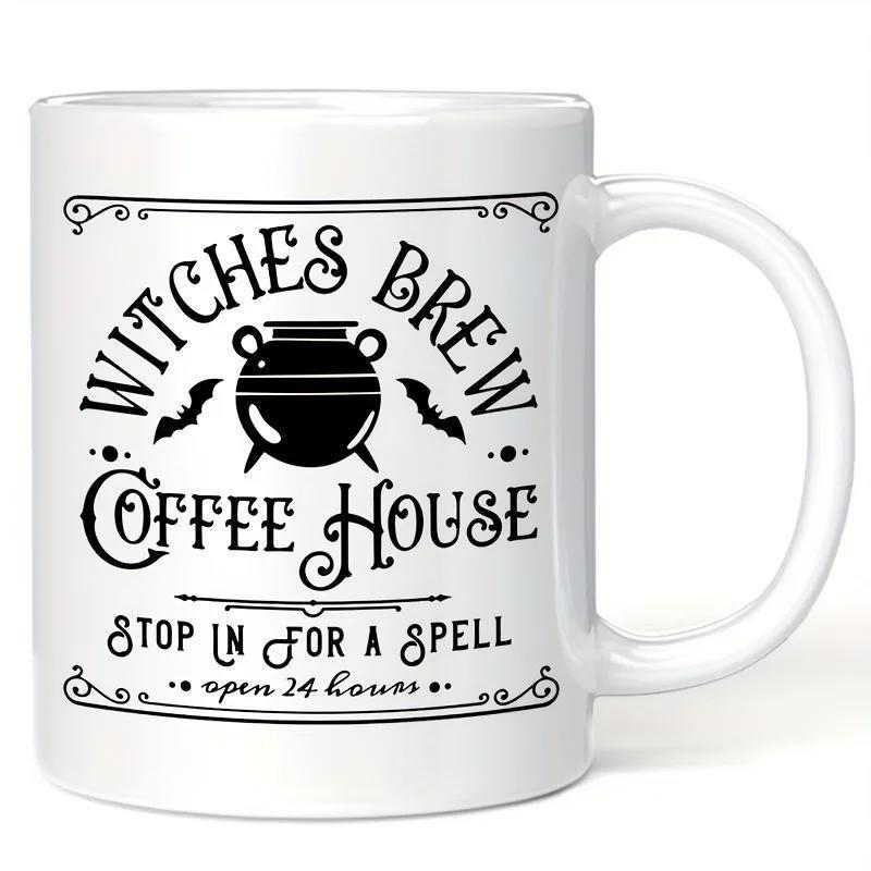Tailorly White Ceramic 11 oz Mug - Witches Brew Coffee House Stop In For A Spell Open 24 Hours Vintage Halloween Cauldron Flanked By Flying Bats With Ornate