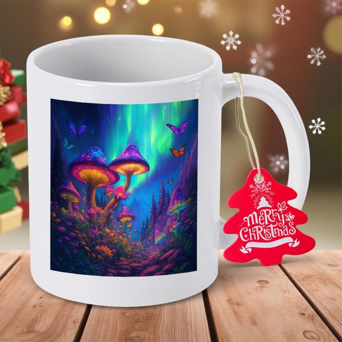 Tailorly White Ceramic 11 oz Mug - Enchanted Magical Forest With Glowing Mushrooms Under Brilliant Aurora Lights Mushroom