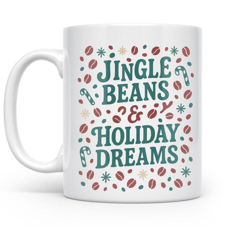 Tailorly White Ceramic 11 oz Mug - Jingle Beans Holiday Dreams Festive Coffee Beans And Candy Canes Among Small Colorful Snowflake Patterns Mug