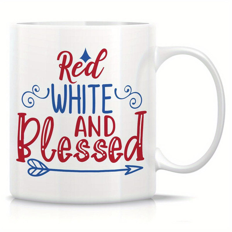 Tailorly White Ceramic 11 oz Mug - Red White And Blessed Elegant Patriotic Typography With Decorative Swirls And Blue Arrow Mug