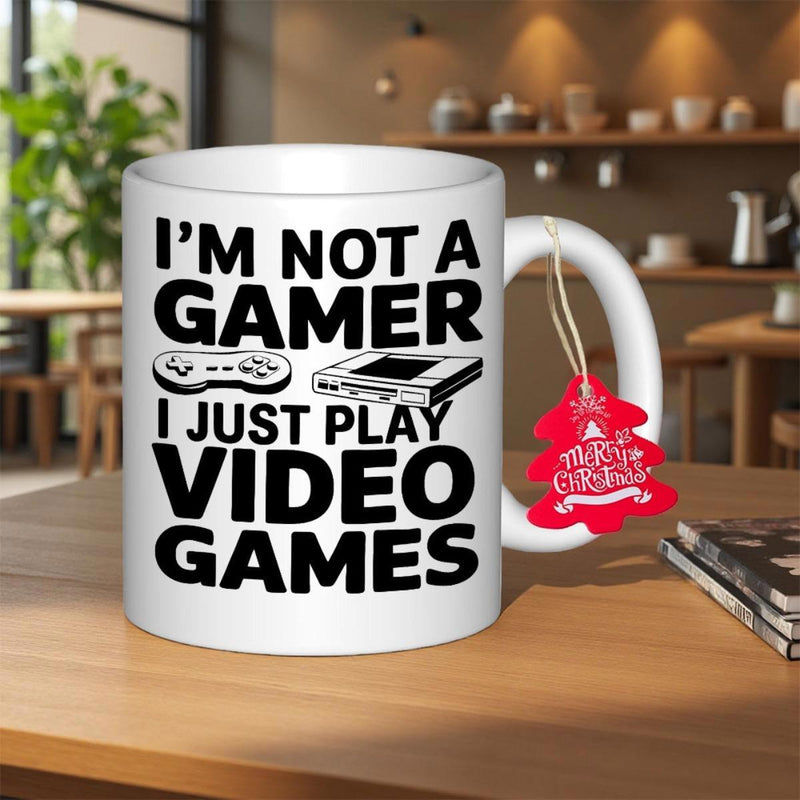 Tailorly White Ceramic 11 oz Mug - I Am Not A Gamer I Just Play Video Games Retro Gaming Controller And Vintage Console Depicted In Black Ink Silhouette Gamer