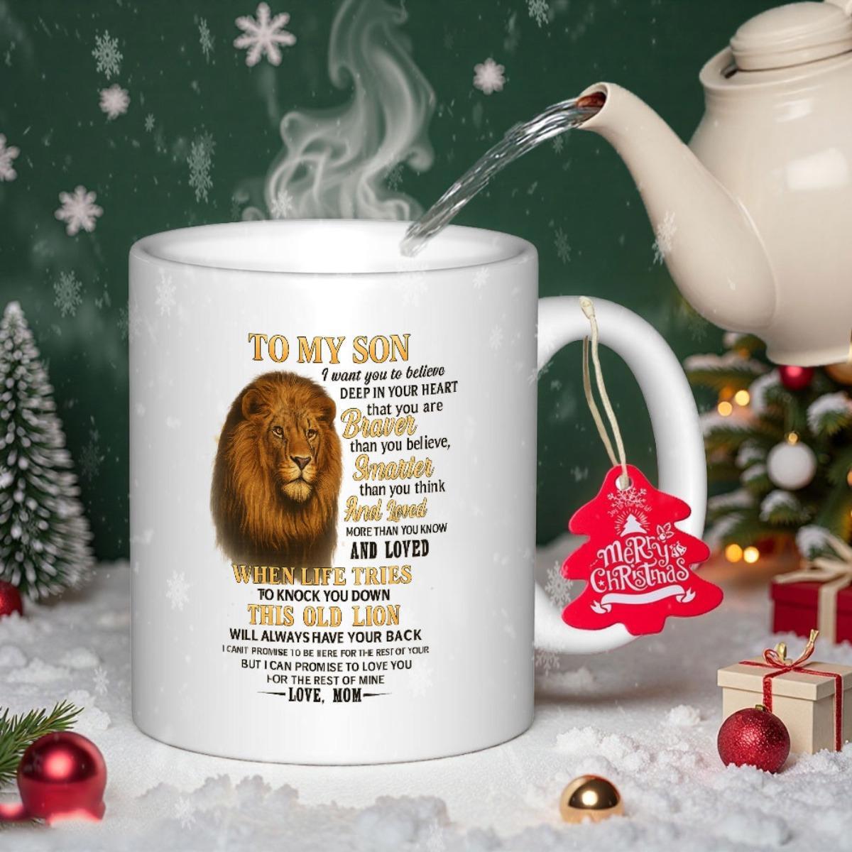 Tailorly White Ceramic 11 oz Mug - To My Son Always Have Your Back Majestic Golden Brown Lion Head With Thick Textured Mane And Calm Expression Lion
