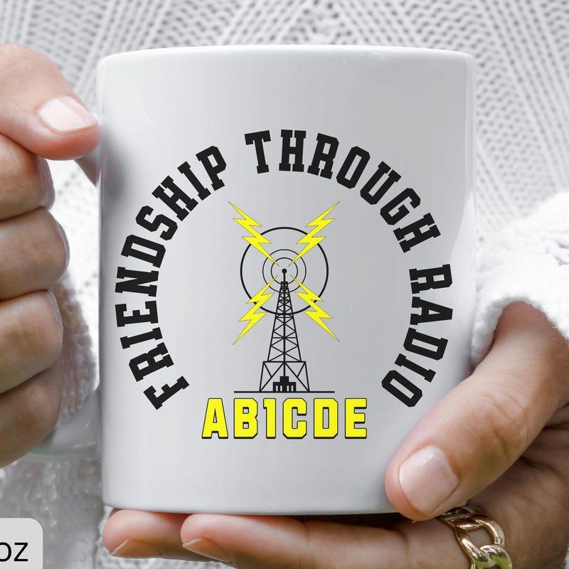 Tailorly White Ceramic 11 oz Mug - Friendship Through Radio AB1CDE Tall Lattice Structure Emitting Powerful Signal Waves Under Arching Vintage Text Tower
