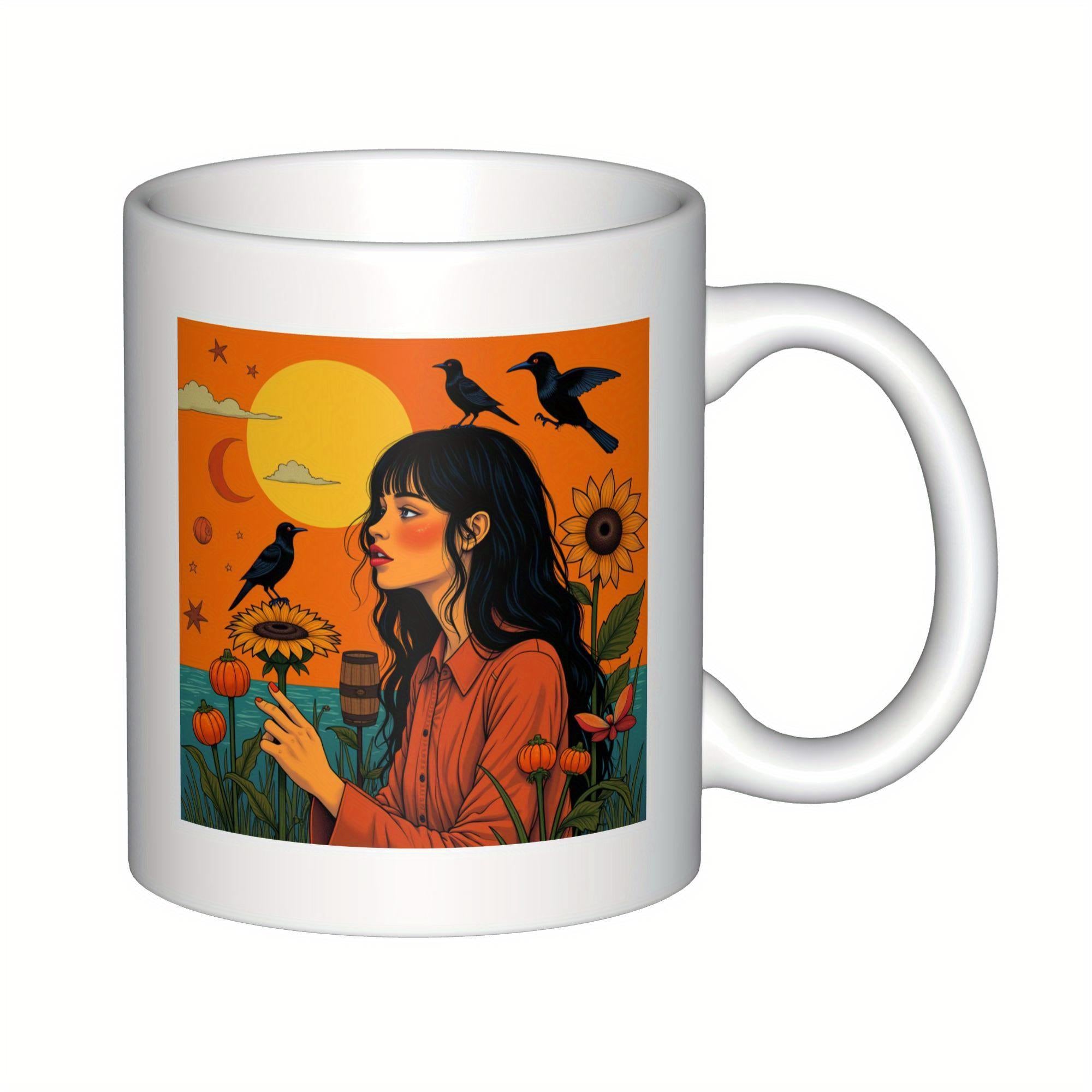 Tailorly White Ceramic 11 oz Mug - Beautiful Girl With Dark Hair Surrounded By Black Birds And Yellow Sunflowers Girl