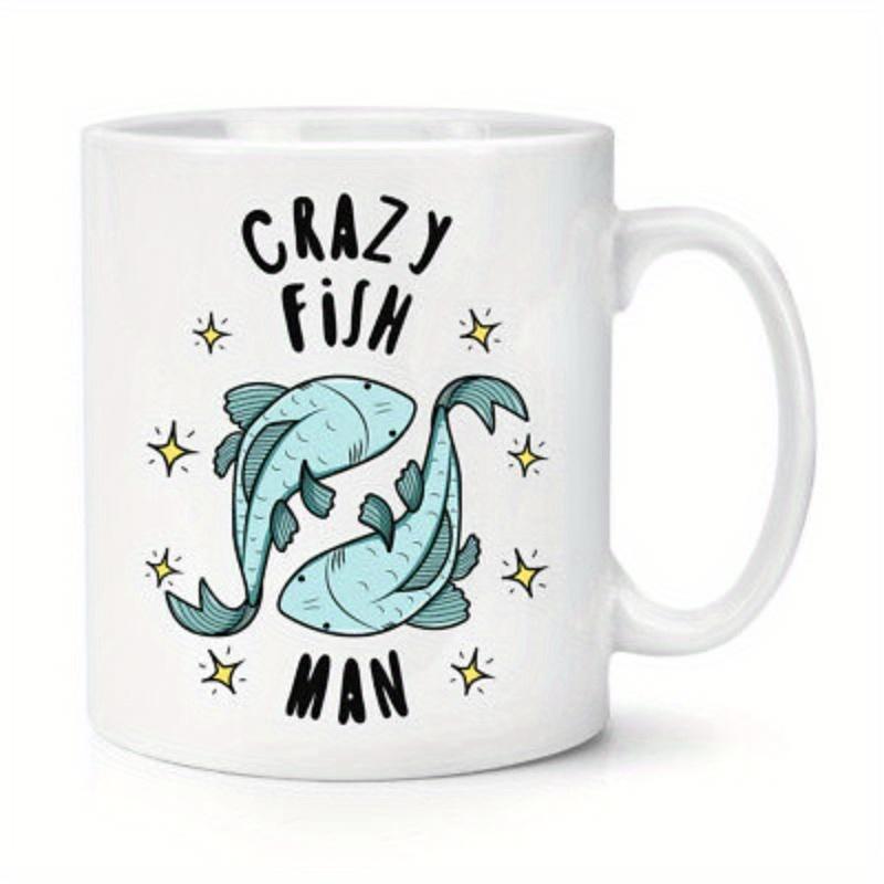 Tailorly White Ceramic 11 oz Mug - Crazy Fish Man Two Blue Fish Swimming Together Under Tiny Twinkling Golden Stars Fish