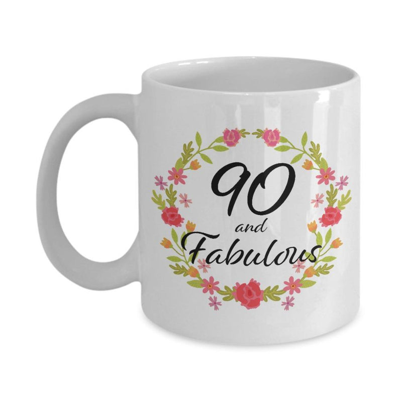 Tailorly White Ceramic 11 oz Mug - 90 And Fabulous Elegant Circular Wreath Featuring Delicate Pink Blossoms And Lush Green Foliage Wreath